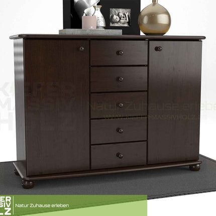 Anika Kommode Bio Kiefer Massivholz | Sideboard mit 2 Türen und 5 Schubladen