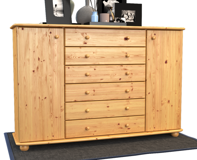 Anika Kommode XL Sideboard | Anrichte | 2-Türig | 6-Schubladen | 100% Bio Kiefer Massivholz