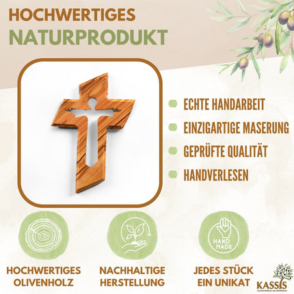 Olivenholz Kreuz mit auferstandenem Jesus (13 cm) | Wandkreuz als Geschenk zur Taufe, Kommunion & Firmung