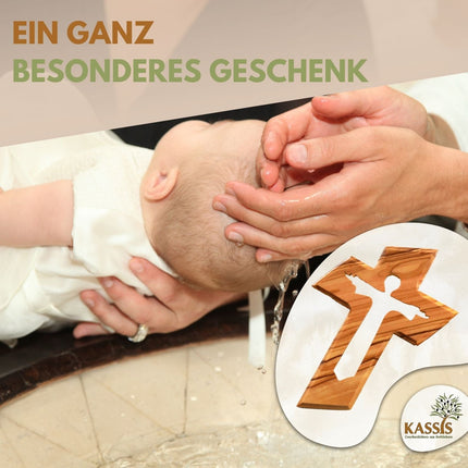 Olivenholz Kreuz mit auferstandenem Jesus (13 cm) | Wandkreuz als Geschenk zur Taufe, Kommunion & Firmung