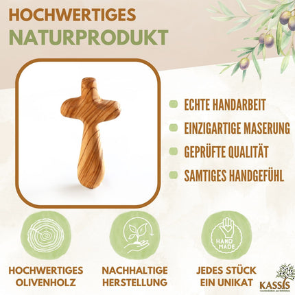 Personalisierter Kreuz Handschmeichler aus Olivenholz mit Gravur | Kleines Handkreuz als Geschenk zur Taufe & Kommunion