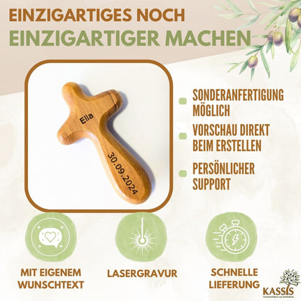 Kreuz Handschmeichler aus Olivenholz | Kleines Handkreuz als Glücksbringer & Geschenk zur Taufe, Kommunion oder Trost