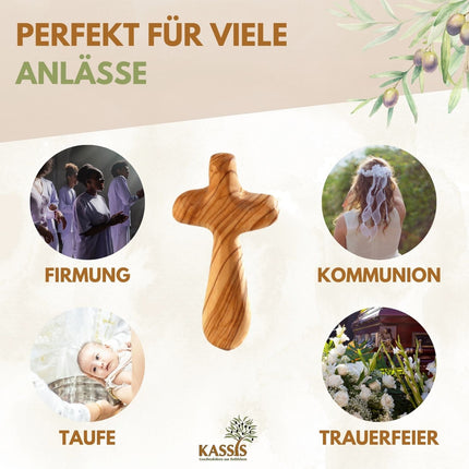 Personalisierter Kreuz Handschmeichler aus Olivenholz mit Gravur | Kleines Handkreuz als Geschenk zur Taufe & Kommunion