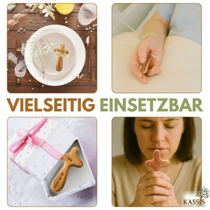Personalisierter Kreuz Handschmeichler aus Olivenholz mit Gravur | Kleines Handkreuz als Geschenk zur Taufe & Kommunion