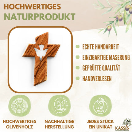 Olivenholz Kreuz mit Heiligem Geist (13 cm) | Wandkreuz als Geschenk zur Taufe, Kommunion & Firmung