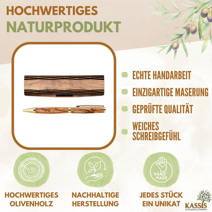 Kugelschreiber aus Olivenholz in Holzschachtel mit Gravur „Alles Gute“ | Edles Geschenk für Geburtstag, Abschluss & Jubiläum