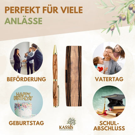 Kugelschreiber aus Olivenholz in Holzschachtel mit Gravur „Alles Gute“ | Edles Geschenk für Geburtstag, Abschluss & Jubiläum