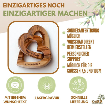 Personalisierte verbundene Herzen aus Olivenholz 10 cm mit Gravur | Geschenk zur Hochzeit, Valentinstag, Jubiläum