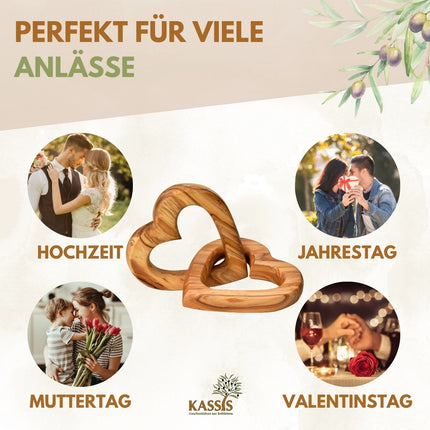 Personalisierte verbundene Herzen aus Olivenholz 7,5 cm mit Gravur | Geschenk zur Hochzeit, Valentinstag, Jubiläum
