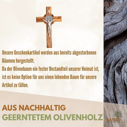 St. Benedikt Kreuz aus Olivenholz | Schutzkreuz als Wandkreuz & Geschenk zur Taufe, Kommunion oder Firmung
