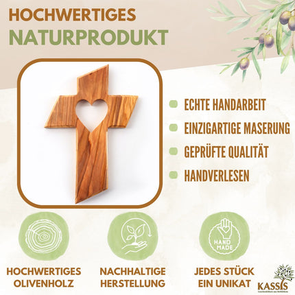 Olivenholz Kreuz mit Herz (13 cm) | Wandkreuz als Geschenk zur Taufe, Kommunion oder Geburt