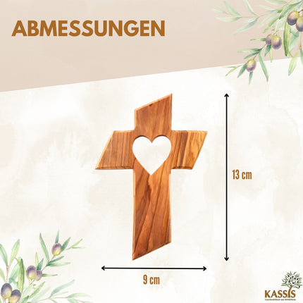 Olivenholz Kreuz mit Herz (13 cm) | Wandkreuz als Geschenk zur Taufe, Kommunion oder Geburt
