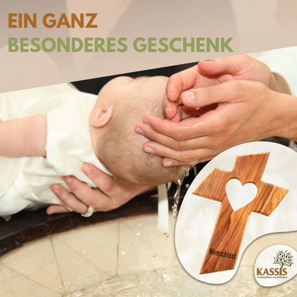 Olivenholz Kreuz mit Herz (13 cm) | Wandkreuz als Geschenk zur Taufe, Kommunion oder Geburt