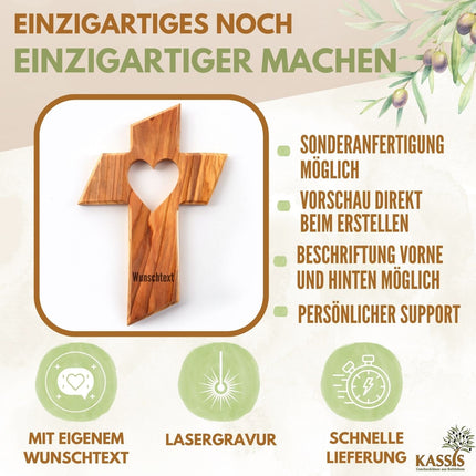Olivenholz Kreuz mit Herz (13 cm) | Wandkreuz als Geschenk zur Taufe, Kommunion oder Geburt