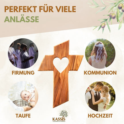 Olivenholz Kreuz mit Herz (13 cm) | Wandkreuz als Geschenk zur Taufe, Kommunion oder Geburt