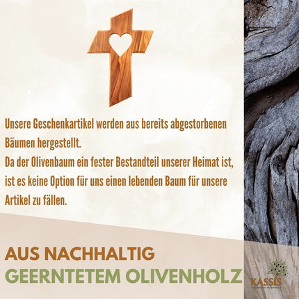 Olivenholz Kreuz mit Herz (13 cm) | Wandkreuz als Geschenk zur Taufe, Kommunion oder Geburt