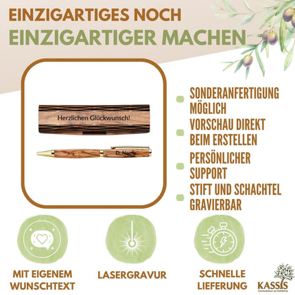 Personalisierter Kugelschreiber aus Olivenholz mit Gravur & Holzschachtel | Geschenk für Männer & Frauen, Geburtstag, Abschluss