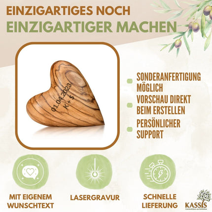 Personalisiertes Olivenholz Herz mit Gravur | Handschmeichler als liebevolles Geschenk für Hochzeit, Valentinstag & Jubiläum
