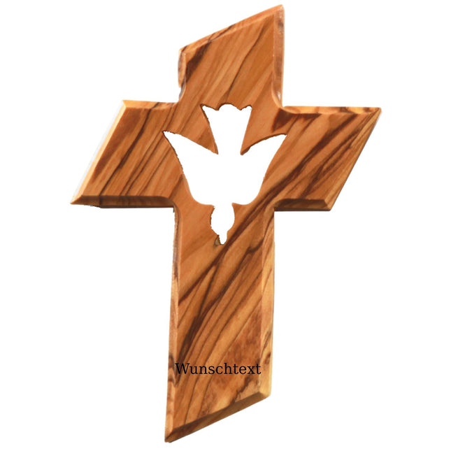 Personalisiertes Kreuz mit Heiliger Geist Taube aus Olivenholz mit Gravur | Taufkreuz Geschenk Taufe, Kommunion, Firmung