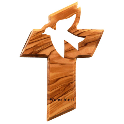 Personalisiertes Kreuz mit Friedenstaube aus Olivenholz mit Gravur | Taufkreuz Geschenk Taufe, Kommunion, Firmung