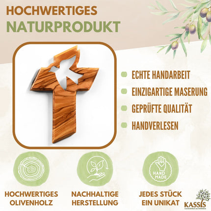 Personalisiertes Kreuz mit Friedenstaube aus Olivenholz mit Gravur | Taufkreuz Geschenk Taufe, Kommunion, Firmung