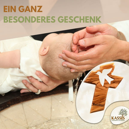 Personalisiertes Kreuz mit Friedenstaube aus Olivenholz mit Gravur | Taufkreuz Geschenk Taufe, Kommunion, Firmung