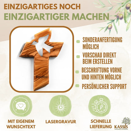 Personalisiertes Kreuz mit Friedenstaube aus Olivenholz mit Gravur | Taufkreuz Geschenk Taufe, Kommunion, Firmung