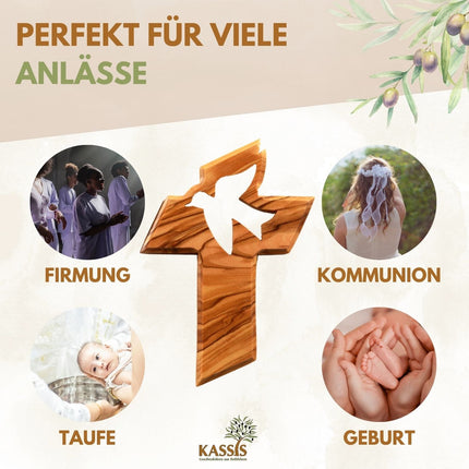 Personalisiertes Kreuz mit Friedenstaube aus Olivenholz mit Gravur | Taufkreuz Geschenk Taufe, Kommunion, Firmung