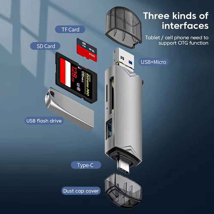 6-in-1 Kartenleser USB 3.0 Speicherkartenleser Typ-C Micro USB SD TF OTG Grau