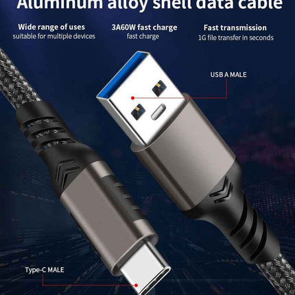 Typ-C Ladekabel USB-C USB-A Kabel 10Gbps 3A Nylon USB 3.2 Quick Charge QC 60W