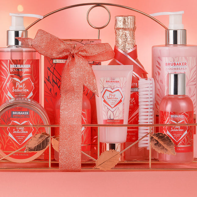 10-teiliges Bade- und Dusch- Geschenkset, Himbeere - Champagner, in Metall Badregal