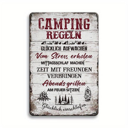 Camping Regeln Blechschild Glücklich aufwachen