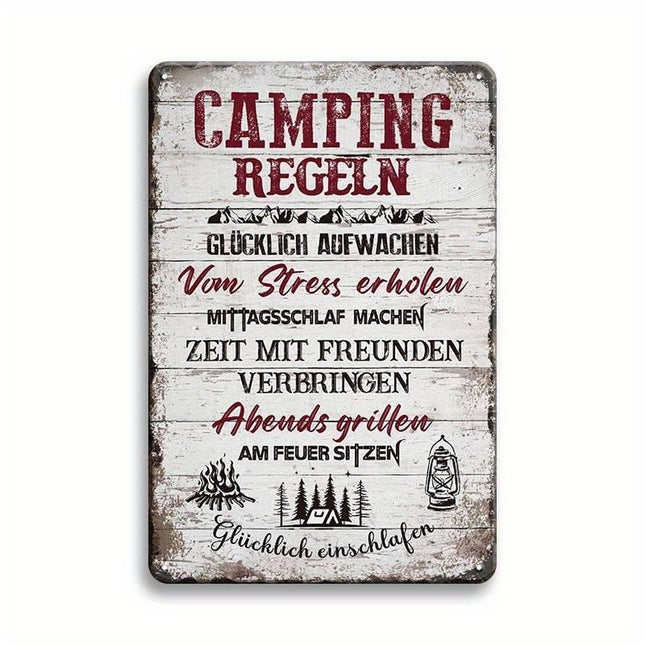 Camping Regeln Blechschild Glücklich aufwachen