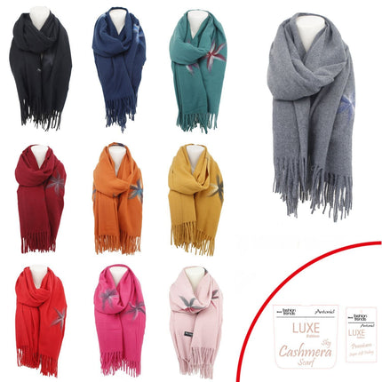 Winter Damen Schal Cashmera » Fransenschal Soft Feeling » Winterschal 180x72 cm » Damenschal mit Blume