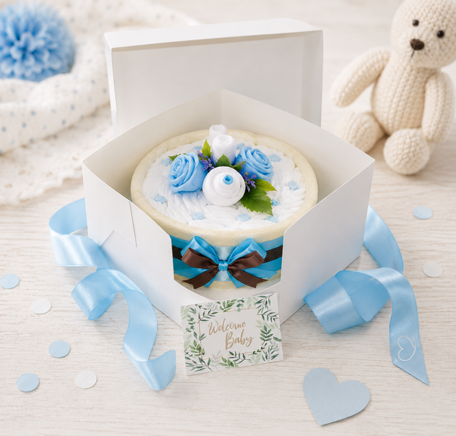 Windeltorte CAKEBOX blau für Jungs | Geschenk zur Baby Shower