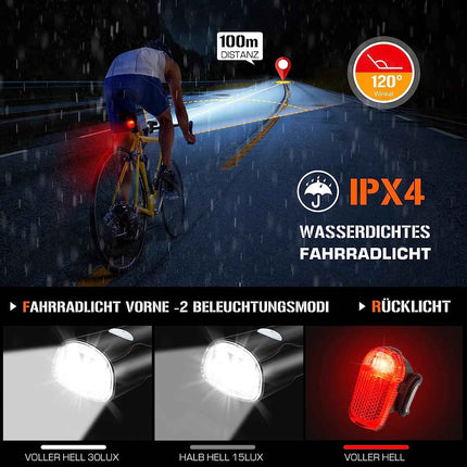 LED Fahrradlicht Set USB Akku 30/15 Lux StVZO Fahrradlampe Fahrradbeleuchtung