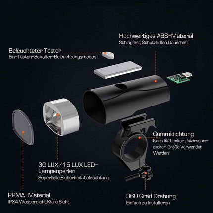 LED Fahrradlicht Set USB Akku 30/15 Lux StVZO Fahrradlampe Fahrradbeleuchtung