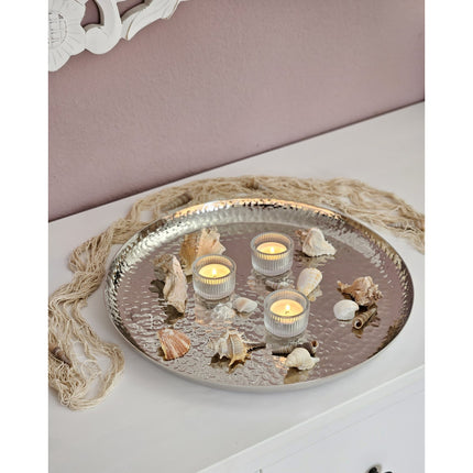 Teller silber Metallteller Deko Schale Hammerschlag Kerzenteller rund 37 cm