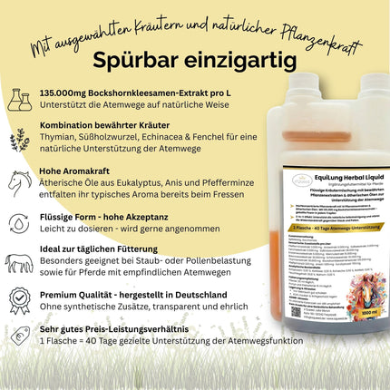 EquiLung Herbal Liquid 1000ml – flüssiges Ergänzungsfuttermittel zur Unterstützung der Atemwege bei Pferden
