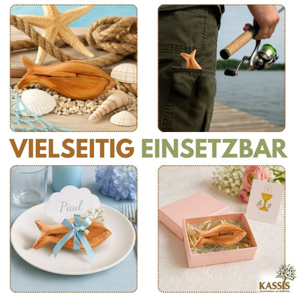 Fisch Handschmeichler aus Olivenholz | Kleiner Glücksbringer als Geschenk zur Taufe, Kommunion & Geburt
