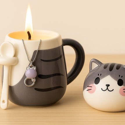 Schmuck Duftkerze mit Motiv Katze, in Keramiktasse mit Deckel und Löffel