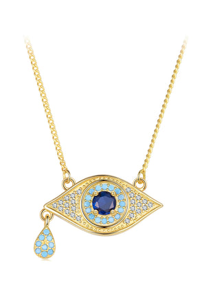 SEO. Evil Eye Kette mit Zirkon – Schutzanhänger mit blauem Kristall - Gold Linkreich
