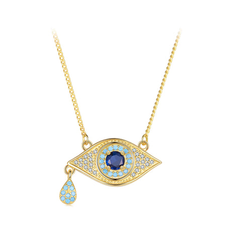 SEO. Evil Eye Kette mit Zirkon – Schutzanhänger mit blauem Kristall - Gold Linkreich