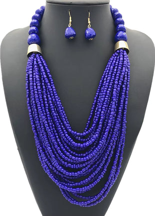 Acryl-Perlen Schmuck-Set – Halskette & Ohrringe, Statement/Choker, African Style, Damen - Königsblau Linkreich