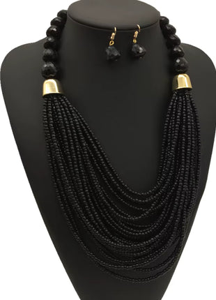 Acryl-Perlen Schmuck-Set – Halskette & Ohrringe, Statement/Choker, African Style, Damen - Schwarz Linkreich