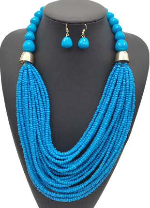 Acryl-Perlen Schmuck-Set – Halskette & Ohrringe, Statement/Choker, African Style, Damen - Blau Linkreich
