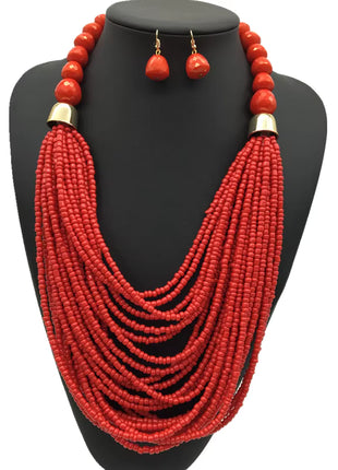 Acryl-Perlen Schmuck-Set – Halskette & Ohrringe, Statement/Choker, African Style, Damen - Rot Linkreich
