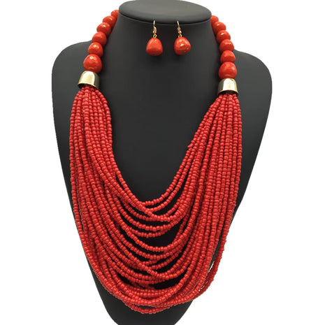 Acryl-Perlen Schmuck-Set – Halskette & Ohrringe, Statement/Choker, African Style, Damen - Rot Linkreich