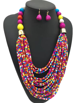 Acryl-Perlen Schmuck-Set – Halskette & Ohrringe, Statement/Choker, African Style, Damen - Bunt Linkreich