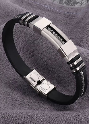 Herren Armband Edelstahl & Silikon – Schwarz/Gold Magnetverschluss - Silber 21 cm Linkreich